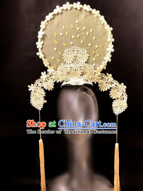 Top Grade Catwalks Golden Lace Flowers Hair Accessories Exaggerated Chinese Traditional Headdress Modern Fancywork Headwear
