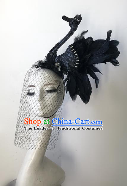 Top Grade Catwalks Hair Accessories Baroque Exaggerated Black Feather Swan Hair Clasp Modern Fancywork Headwear