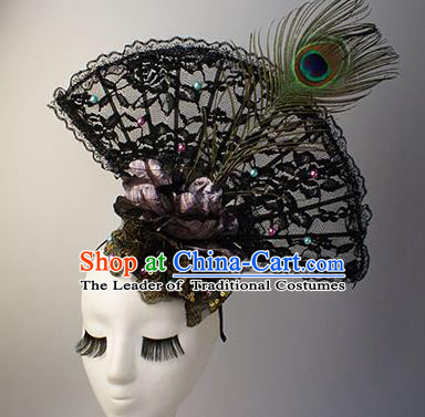 Top Grade Catwalks Chinese Traditional Hair Accessories Halloween Modern Fancywork Black Lace Headwear