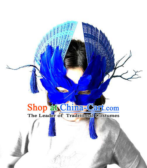 Halloween Venice Exaggerated Blue Feather Face Mask Fancy Ball Props Catwalks Accessories Christmas Masks