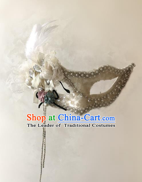 Halloween Venice Exaggerated White Pearls Feather Face Mask Fancy Ball Props Catwalks Accessories Christmas Masks