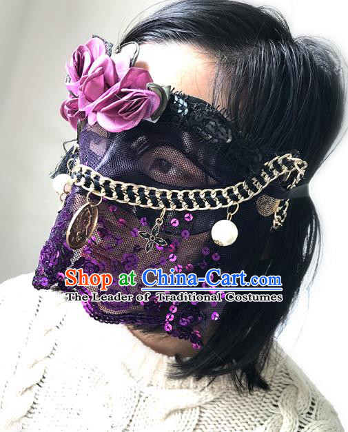 Halloween Venice Exaggerated Purple Sequins Lace Face Mask Fancy Ball Props Catwalks Accessories Christmas Masks
