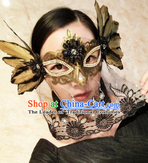 Halloween Handmade Golden Feather Face Mask Fancy Ball Catwalks Masks Christmas Exaggerated Feather Masks