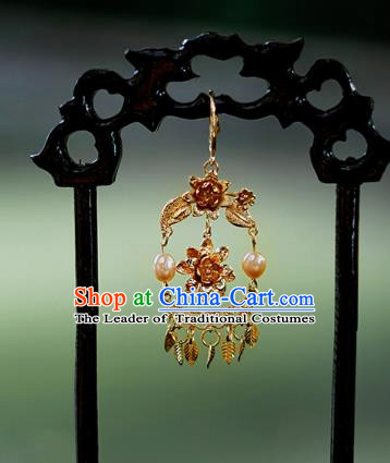 China Ancient Palace Accessories Golden Earrings Chinese Traditional Jewelry Hanfu Eardrop for Women