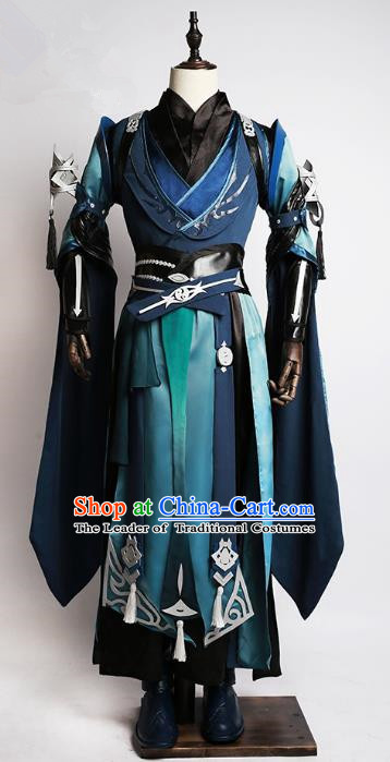 Traditional China Cosplay Swordsman Blue Costumes Chinese Ancient Kawaler Knight-errant Clothing for Men