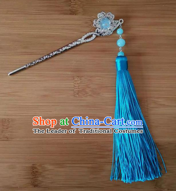 China Ancient Hair Accessories Hanfu Blue Tassel Hair Clip Chinese Classical Hairpins for Women