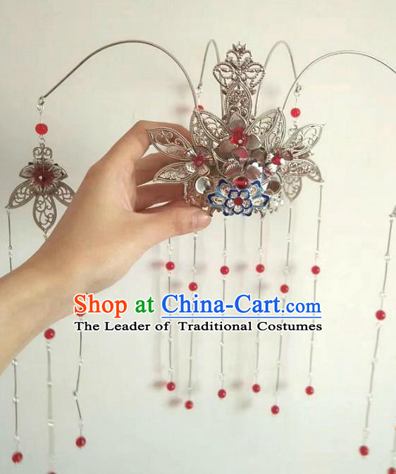 China Ancient Hair Accessories Hanfu Red Beads Tassel Phoenix Coronet Chinese Traditional Hairpins for Women