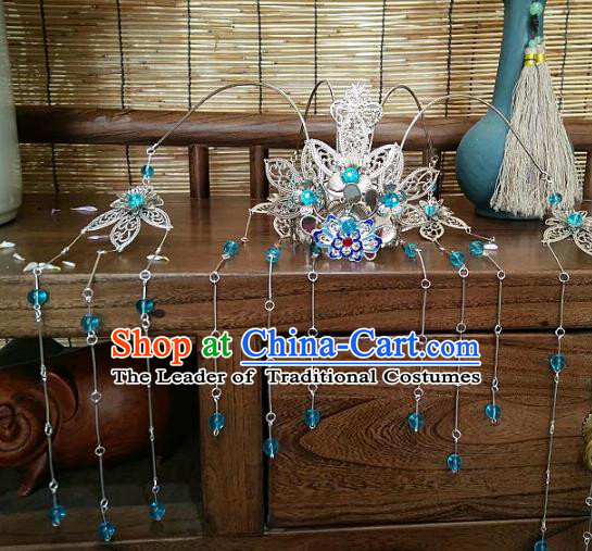 China Ancient Hair Accessories Hanfu Blue Beads Tassel Phoenix Coronet Chinese Traditional Hairpins for Women