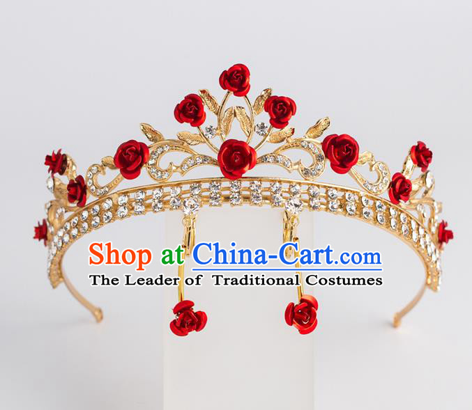Baroque Bride Hair Accessories Classical Royal Crown Red Rose Crystal Imperial Crown Headwear for Women