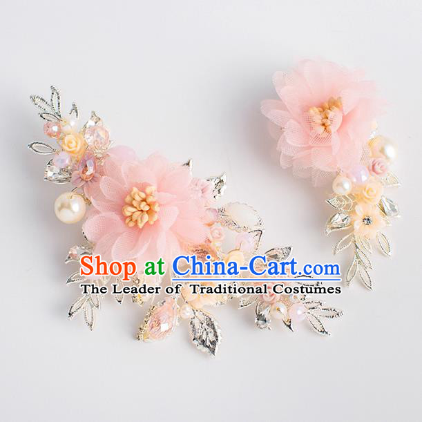 Chinese Ancient Bride Hair Accessories Xiuhe Suit Hairpins Pink Silk Flower Hair Sticks for Women