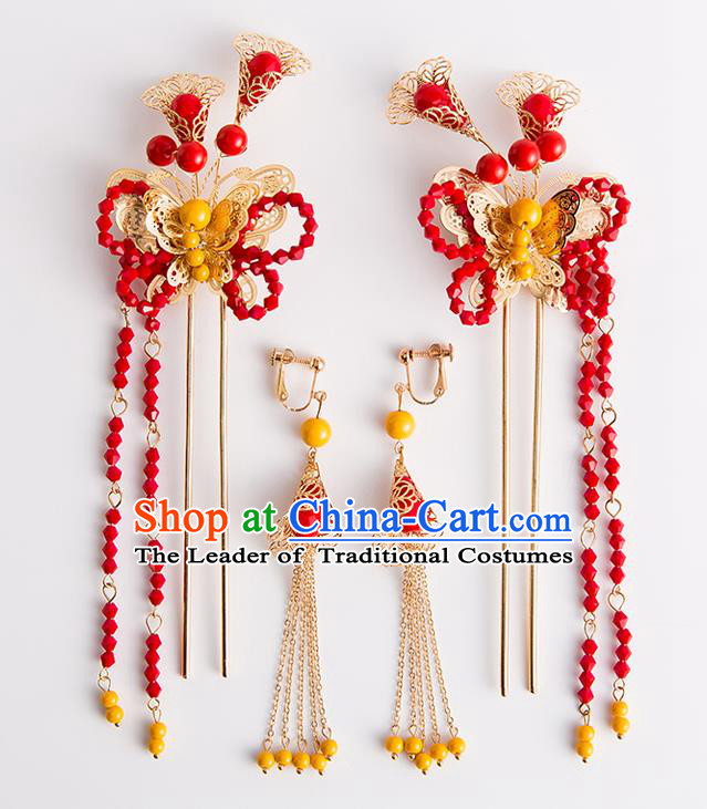 Chinese Traditional Wedding Hair Accessories Ancient Bride Red Beads Tassel Hairpins Headwear for Women