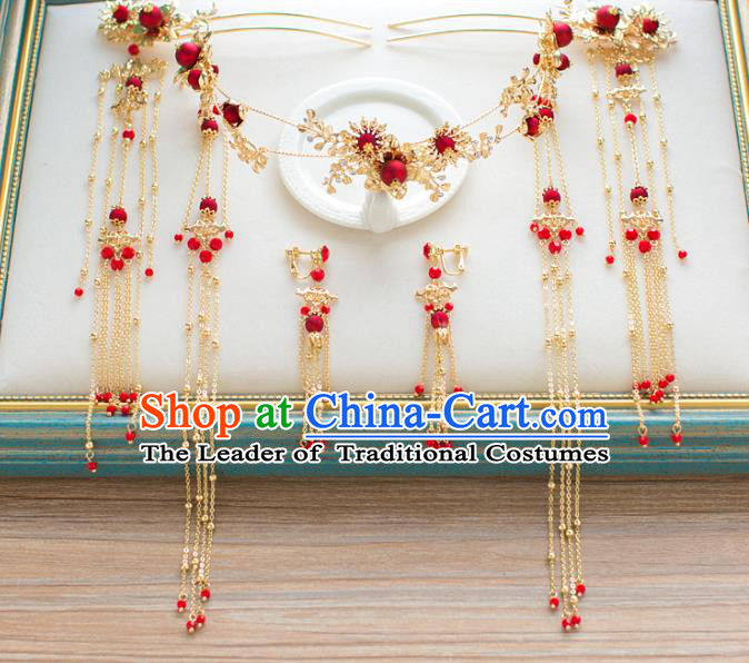 Chinese Traditional Wedding Hair Accessories Ancient Bride Red Phoenix Coronet Hairpins Headwear for Women