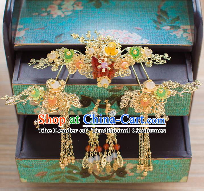Chinese Traditional Palace Hair Accessories Wedding Hair Comb Ancient Xiuhe Suit Hairpins Complete Set for Women