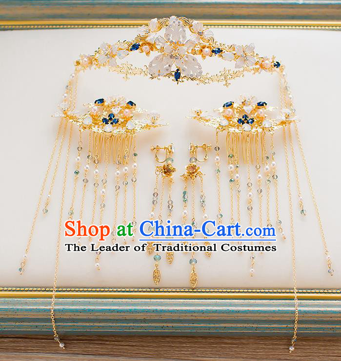 Chinese Traditional Palace Hair Accessories Xiuhe Suit Golden Phoenix Coronet Ancient Tassel Hairpins Complete Set for Women