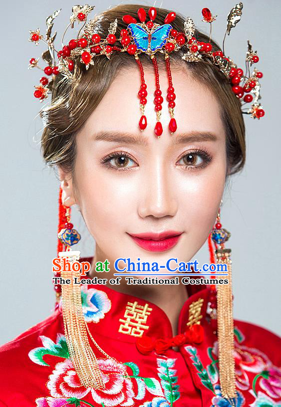 Chinese Traditional Palace Hair Accessories Xiuhe Suit Phoenix Coronet Ancient Blueing Butterfly Hairpins Complete Set for Women