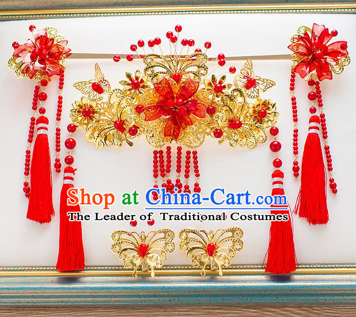Chinese Traditional Palace Hair Accessories Phoenix Coronet Ancient Xiuhe Suit Tassel Hairpins Complete Set for Women