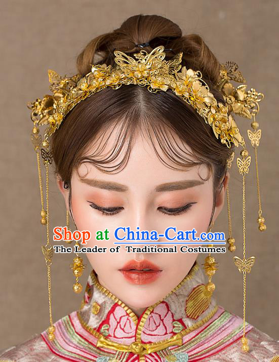 Chinese Traditional Palace Hair Accessories Ancient Hairpins Xiuhe Suit Golden Butterfly Phoenix Coronet Complete Set for Women