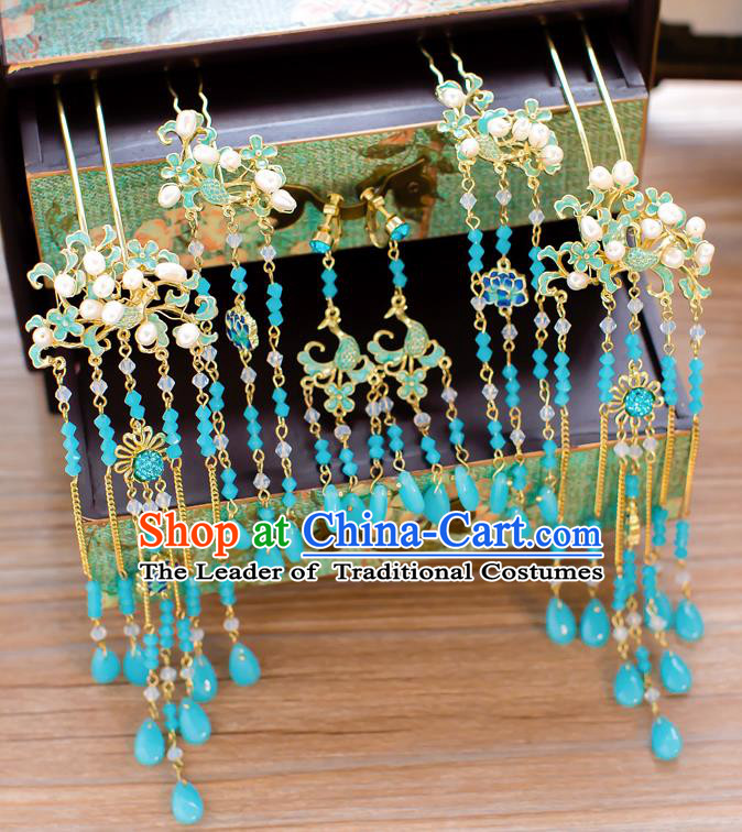 Chinese Traditional Palace Hair Accessories Ancient Hairpins Xiuhe Suit Blue Hair Clips Complete Set for Women