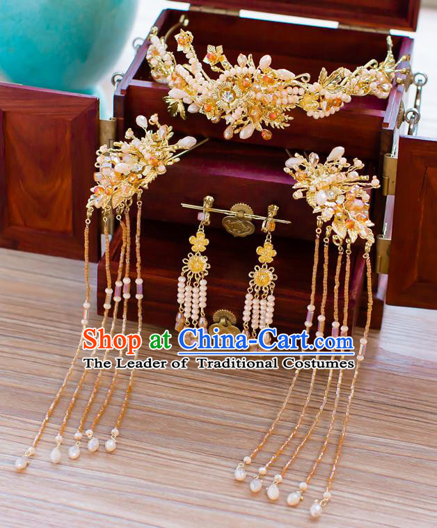 Chinese Traditional Palace Hair Accessories Ancient Hairpins Xiuhe Suit Golden Hair Clasp Complete Set for Women