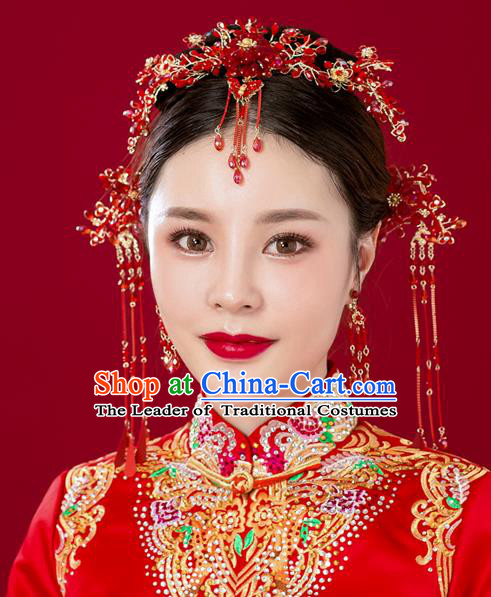 Chinese Traditional Palace Hair Accessories Red Phoenix Coronet Ancient Hairpins Xiuhe Suit Tassel Step Shake Complete Set for Women