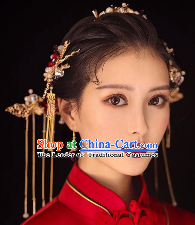 Chinese Traditional Palace Hair Accessories Ancient Hairpins Xiuhe Suit Tassel Step Shake Complete Set for Women