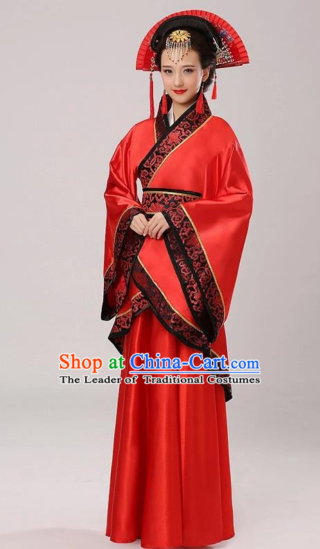 Chinese Traditional Queen Hanfu Dress Red Curving-front Robe Ancient Han Dynasty Princess Costume for Women
