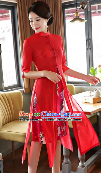 Top Grade Chinese Printing Red Two-pieces Qipao Dress National Costume Traditional Mandarin Cheongsam for Women