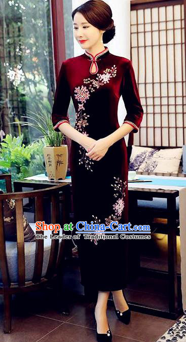 Top Grade Chinese Beading Embroidery Purplish Red Qipao Dress National Costume Traditional Mandarin Cheongsam for Women