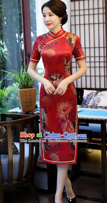 Top Grade Chinese National Costume Printing Lotus Red Silk Qipao Dress Traditional Tang Suit Cheongsam for Women
