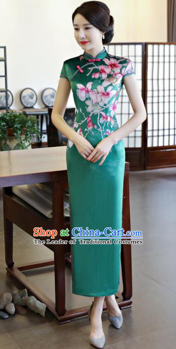 Top Grade Chinese National Costume Printing Peach Blossom Green Silk Qipao Dress Traditional Tang Suit Cheongsam for Women