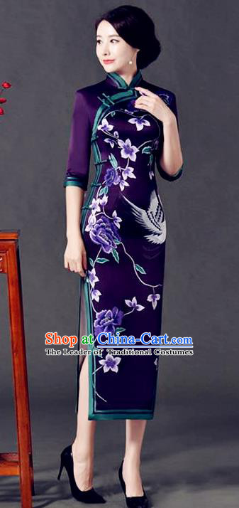 Top Grade Chinese National Costume Printing Crane Purple Silk Qipao Dress Traditional Lace Cheongsam for Women