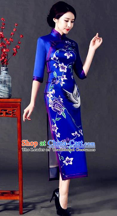 Top Grade Chinese National Costume Printing Crane Blue Silk Qipao Dress Traditional Lace Cheongsam for Women