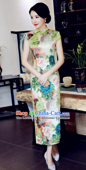 Top Grade Chinese National Costume Printing Peony Silk Qipao Dress Traditional Lace Cheongsam for Women
