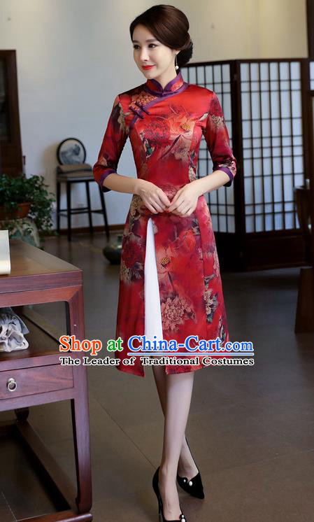 Chinese National Costume Handmade Printing Red Watered Gauze Qipao Dress Traditional Cheongsam for Women