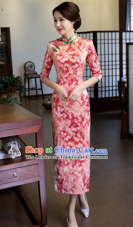 Chinese National Costume Handmade Printing Pink Silk Qipao Dress Traditional Cheongsam for Women