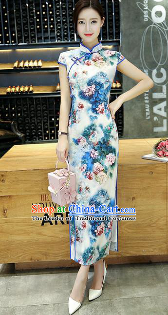 Chinese National Costume Handmade Silk Tang Suit Qipao Dress Traditional Ink Painting Peony Blue Cheongsam for Women