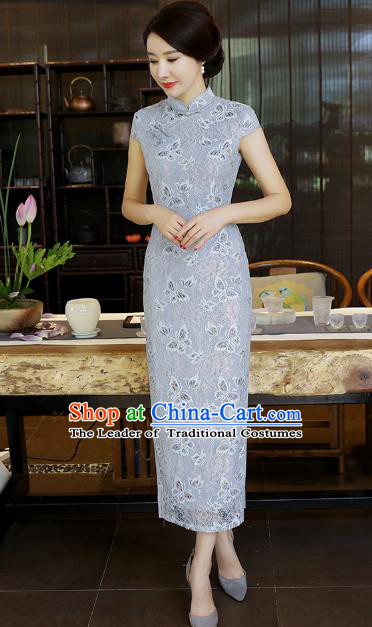 Chinese National Costume Tang Suit Grey Silk Qipao Dress Traditional Printing Rose Cheongsam for Women
