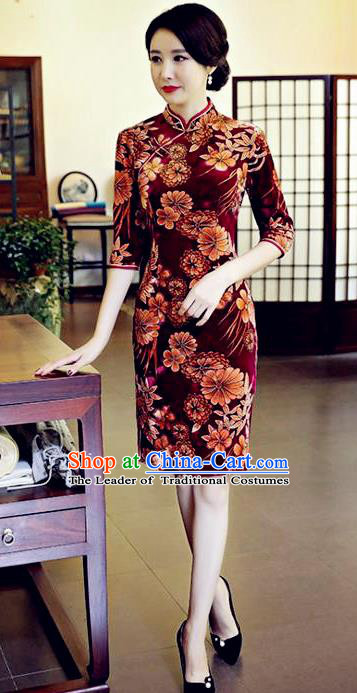 Chinese National Costume Handmade Wine Red Velvet Qipao Dress Traditional Tang Suit Printing Chrysanthemum Cheongsam for Women