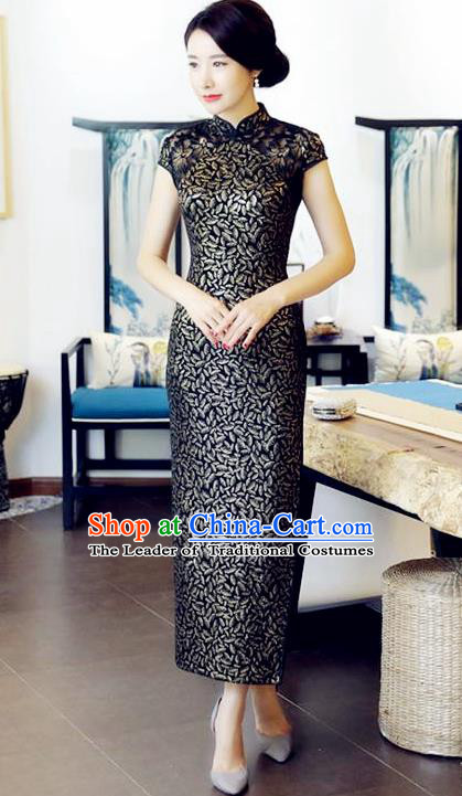 Chinese National Costume Handmade Tang Suit Black Qipao Dress Traditional Long Cheongsam for Women