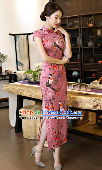 Chinese National Costume Tang Suit Printing Pink Satin Qipao Dress Traditional Cheongsam for Women