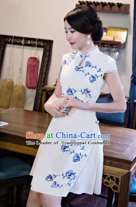 Chinese National Costume Retro Printing Peony White Velvet Qipao Dress Traditional Republic of China Tang Suit Cheongsam for Women