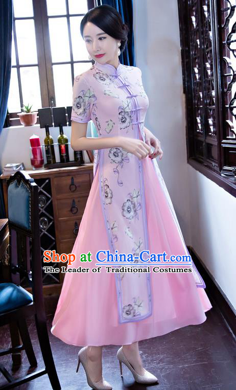 Chinese National Costume Retro Printing Pink Qipao Dress Traditional Republic of China Tang Suit Cheongsam for Women