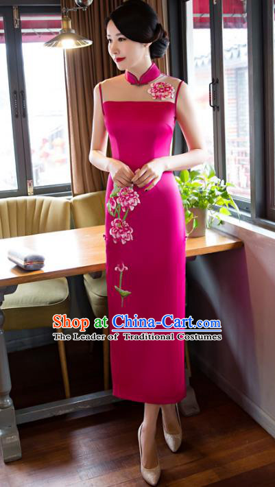 Chinese National Costume Retro Embroidered Qipao Dress Traditional Republic of China Tang Suit Rosy Silk Cheongsam for Women