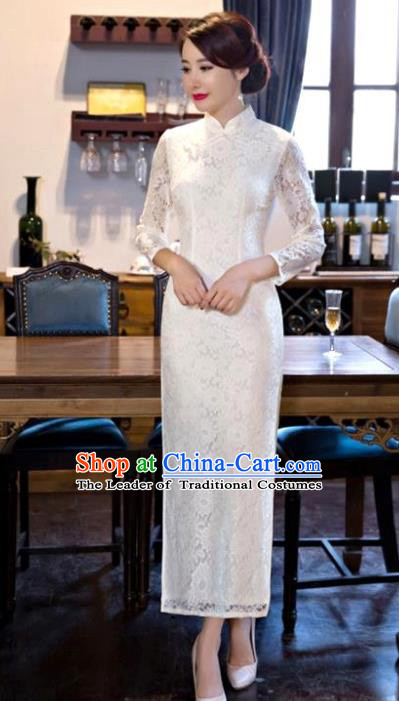 Chinese National Costume Tang Suit White Lace Qipao Dress Traditional Wedding Cheongsam for Women