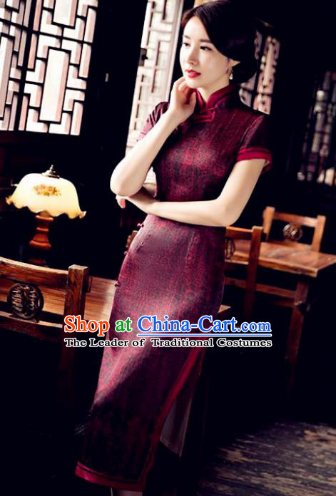 Chinese National Costume Tang Suit Qipao Dress Traditional Republic of China Wine Red Cheongsam for Women