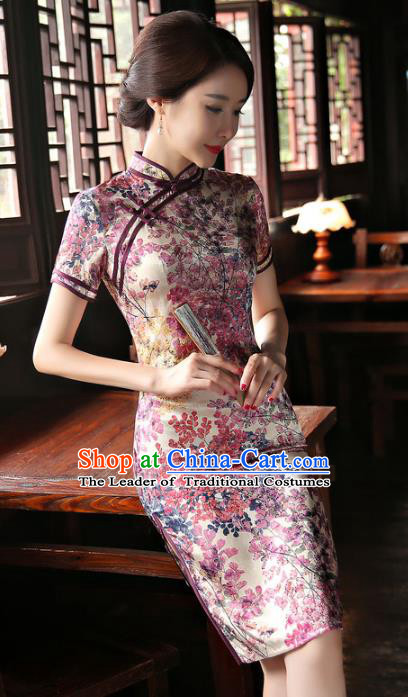 Chinese National Costume Tang Suit Qipao Dress Traditional Republic of China Lilac Cheongsam for Women