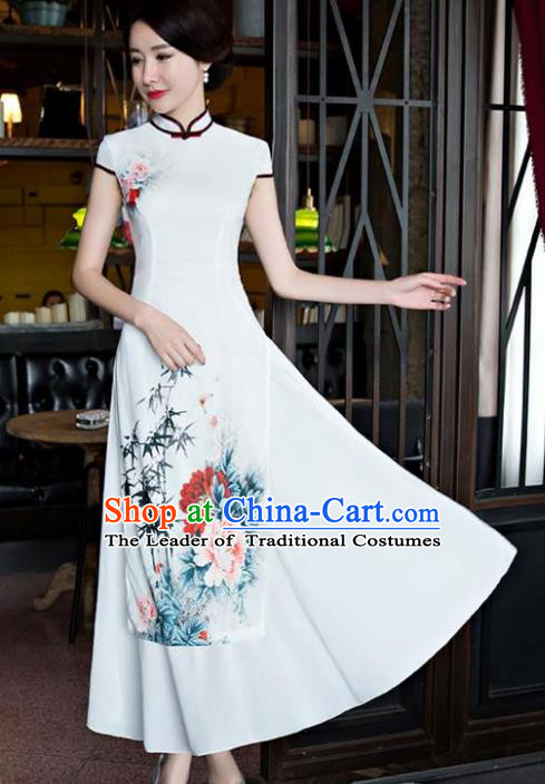 Chinese National Costume Tang Suit Qipao Dress Traditional Republic of China Printing Peony Cheongsam for Women