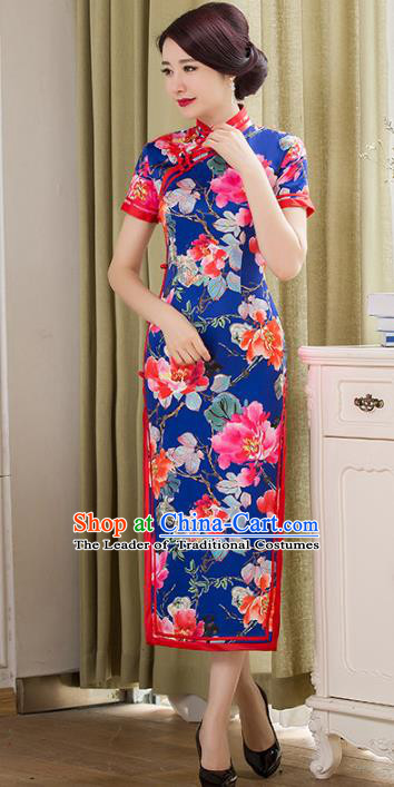Chinese National Costume Tang Suit Blue Qipao Dress Traditional Republic of China Printing Peony Flowers Cheongsam for Women