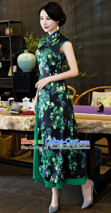 Chinese National Costume Tang Suit Qipao Dress Traditional Republic of China Navy Cheongsam for Women