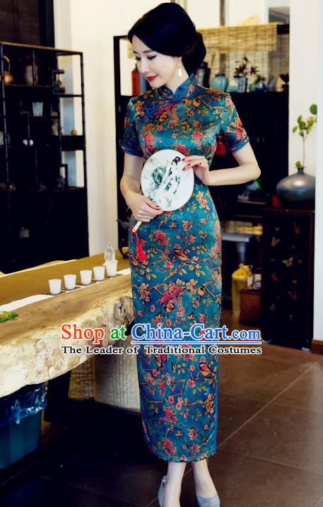 Chinese National Costume Tang Suit Printing Retro Qipao Dress Traditional Republic of China Green Silk Cheongsam for Women